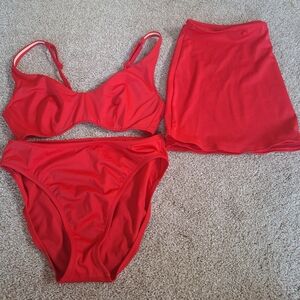 Victorias Secret Red Swimwear Set Bikini Top, Bottom Skirt 38C M L